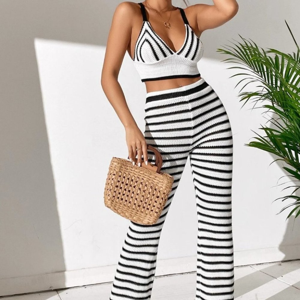 Coord set Preppy Womens Striped Pattern Cami Knit Top & Knit Pants - Picture 5 of 5